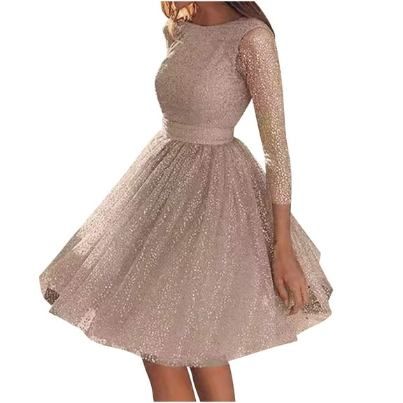 Efsteb Fall Fashion 2025 Sparkling Dress For Women Crew Neck Sequin Dress High Waisted Layered Mesh Cocktail Dresses (Beige,L)