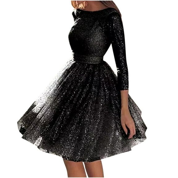 Efsteb Fall Fashion 2025 Sparkling Dress For Women Crew Neck Sequin Dress High Waisted Layered Mesh Cocktail Dresses (Black,S)
