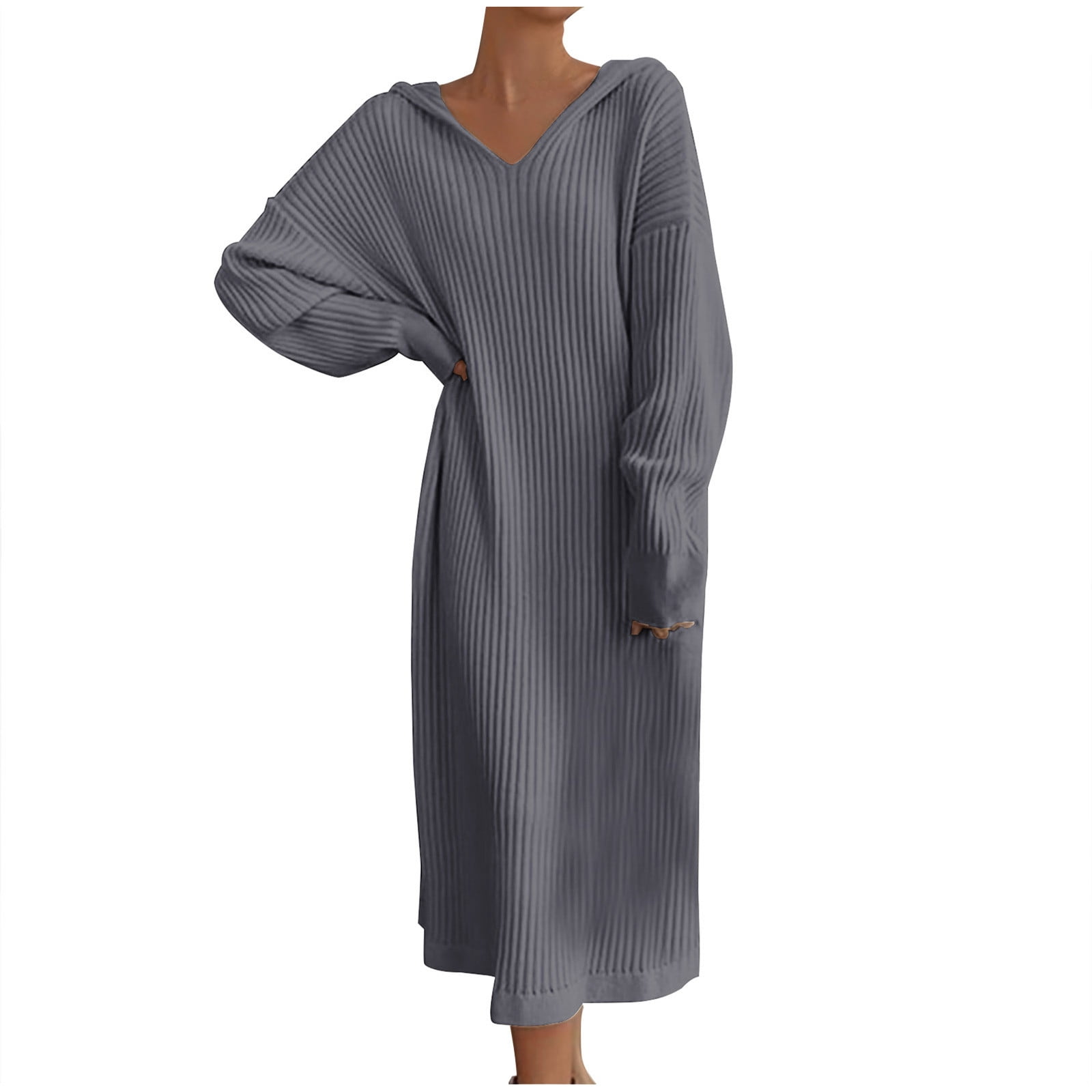 Efsteb Fall Fashion 2025 Sweater Dress for Women Long Sleeve V Neck Casual Winter Hooded Dress Loose Ribbed Knit Pullover Sweater Maxi Dress (Gray,