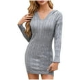 thumbnail image 1 of Efsteb Fall Fashion 2025 Winter Dresses for Women Cable Knit Hoodies Dress Casual Slim Long Sleeve Pullover Bodycon Mini Sweater Dresses (Gray,S), 1 of 8