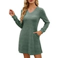 thumbnail image 1 of Efsteb Fall Fashion 2025 Women's Knit Long Sleeve Sweater Dress Casual V Neck Tunic Dresses Loose Fit Dress with Pockets (Green,S), 1 of 4
