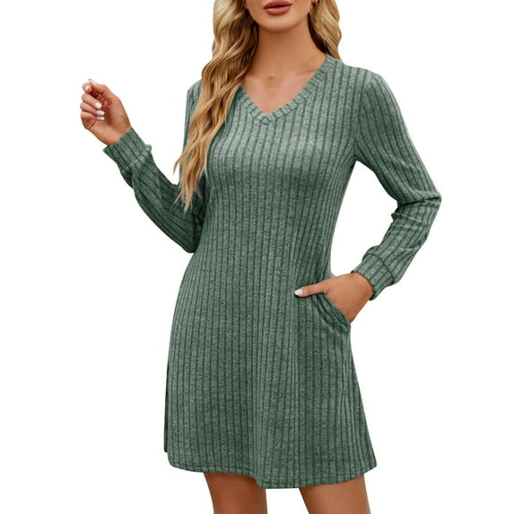 Efsteb Fall Fashion 2025 Women's Knit Long Sleeve Sweater Dress Casual V Neck Tunic Dresses Loose Fit Dress with Pockets (Green,S)