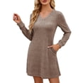thumbnail image 1 of Efsteb Fall Fashion 2025 Women's Knit Long Sleeve Sweater Dress Casual V Neck Tunic Dresses Loose Fit Dress with Pockets (Khaki,L), 1 of 5