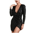thumbnail image 1 of Efsteb Fall Fashion 2025 Women's Sequin Dress Slim V Neck Long Sleeves Knee Length Bodycon Dress Ruched Sparkly Bodycon Club Mini Dresses (Black,M), 1 of 7