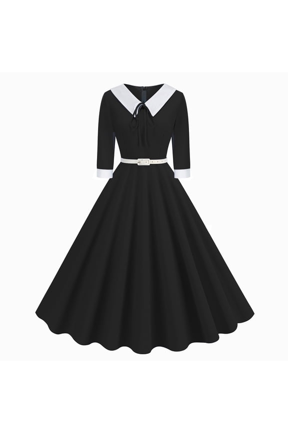 Fall Fashion 2025 Women's Vintage 3/4 Sleeve Dress Elegant Hepburn Swing A-Line Belted Dress 1950s Cocktail Tea Midi Dresses (Black,S)