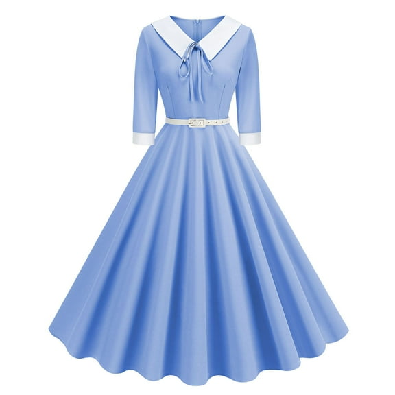 Efsteb Fall Fashion 2025 Women's Vintage 3/4 Sleeve Dress Elegant Hepburn Swing A-Line Belted Dress 1950s Cocktail Tea Midi Dresses (Blue,L)