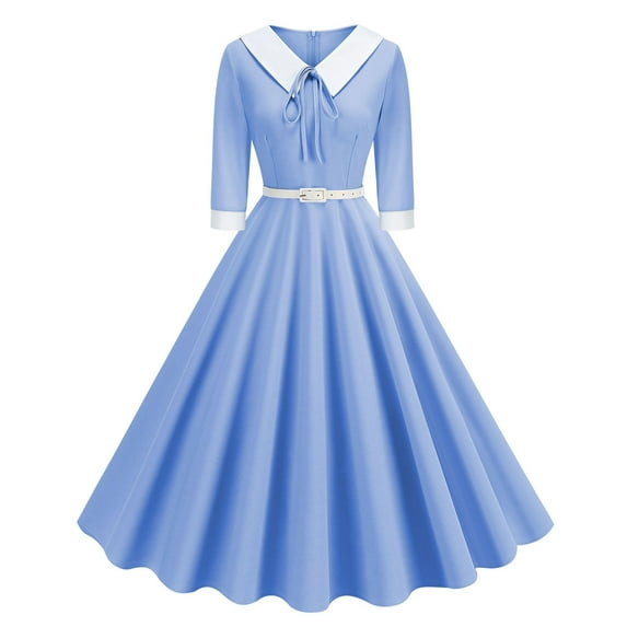 Efsteb Fall Fashion 2025 Women's Vintage 3/4 Sleeve Dress Elegant Hepburn Swing A-Line Belted Dress 1950s Cocktail Tea Midi Dresses (Blue,M)