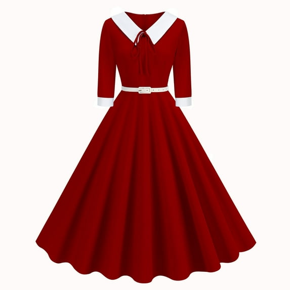 Efsteb Fall Fashion 2025 Women's Vintage 3/4 Sleeve Dress Elegant Hepburn Swing A-Line Belted Dress 1950s Cocktail Tea Midi Dresses (Wine,XL)