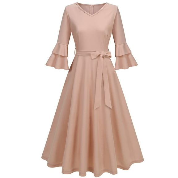 Efsteb Fall Fashion 2025 Womens Cocktail Dress Long Bell Sleeves V-Neck Formal Bridesmaid Prom Dresses (Pink,S)