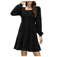 thumbnail image 1 of Efsteb Fall Fashion 2025 Womens Long Sleeve Dresses Casual Square Neck Sweater Dress Lantern Sleeve Pocket Knitted Striped Dress (Black,S), 1 of 7