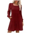 thumbnail image 1 of Efsteb Fall Fashion 2025 Womens Long Sleeve Dresses Casual Square Neck Sweater Dress Lantern Sleeve Pocket Knitted Striped Dress (Wine,XL), 1 of 7