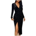 thumbnail image 1 of Efsteb Fall Fashion 2025 Womens Wrap V Neck Glitter Dress Velvet Bodycon Sequins Dresses High Slit Ruched Formal Cocktail Dresses (Black,L), 1 of 6