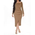 thumbnail image 1 of Efsteb Fall Long Sleeve Dresses for Women Square Neck Midi Dress Elegant Pleated Bodycon Evening Clothes Side Split Asymmetric Hem Prom Gown (Brown,S), 1 of 8