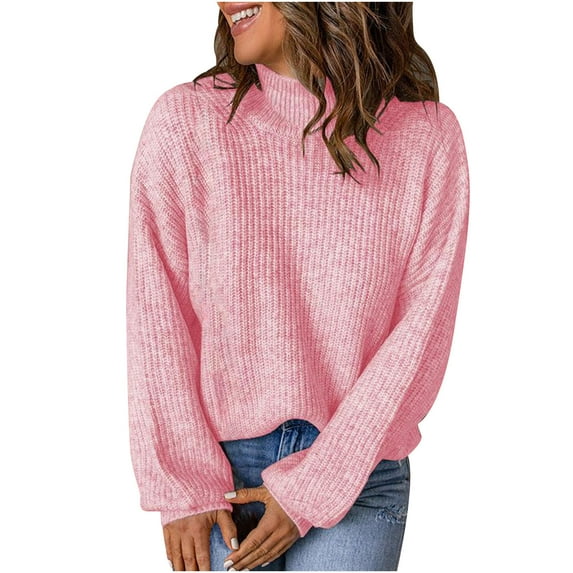 Efsteb Fall Shirts for Women Loose Bishop Sleeve Knitted Sweater Turtleneck Tops Pure Color Casual Lightweight Fashion Crewneck Long Sleeve Tops Pullover Blouses Tops Pink S