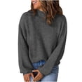 thumbnail image 1 of Efsteb Fall Shirts for Women Loose Bishop Sleeve Knitted Sweater Turtleneck Tops Pure Color Casual Lightweight Fashion Crewneck Long Sleeve Tops Pullover Blouses Tops Dark Gray S, 1 of 6