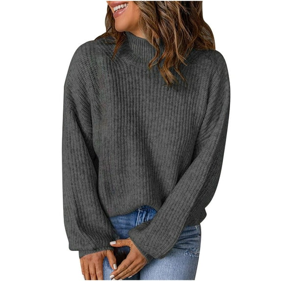 Efsteb Fall Shirts for Women Loose Bishop Sleeve Knitted Sweater Turtleneck Tops Pure Color Casual Lightweight Fashion Crewneck Long Sleeve Tops Pullover Blouses Tops Dark Gray S