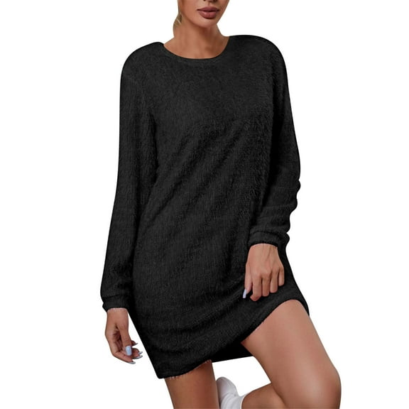Efsteb Fall Sweater Dresses For Women 2025 Casual Crewneck Long Sleeve Soft Plush Bodycon Mini Sweater Dress Warm Plush Comfy Winter Dresses (Black,L)