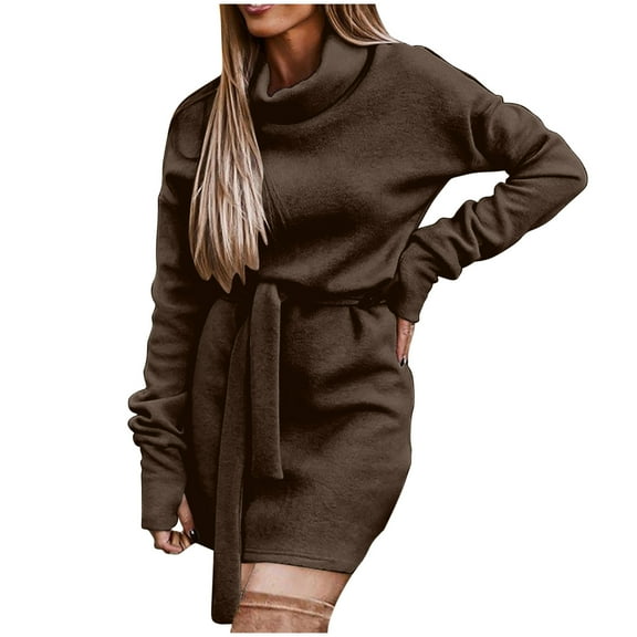 Efsteb Fall Sweater Dresses for Women 2025 Spring Loose Turtleneck Long Sleeve Ribbed Knit Mini Short Dress With Belt (Coffee,XL)