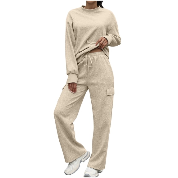 Efsteb Fall Two Piece Sets for Women Long Sleeve Crew Neck Pullover Wide Leg Pants Matching Sweatsuit Set with Pockets (Beige,L)