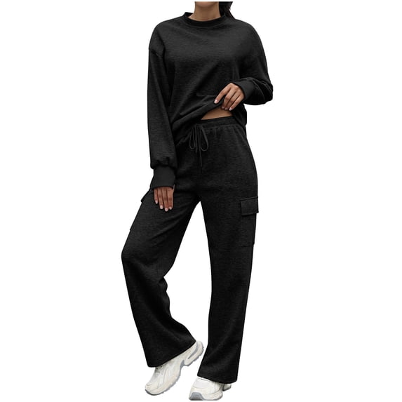 Efsteb Fall Two Piece Sets for Women Long Sleeve Crew Neck Pullover Wide Leg Pants Matching Sweatsuit Set with Pockets (Black,S)
