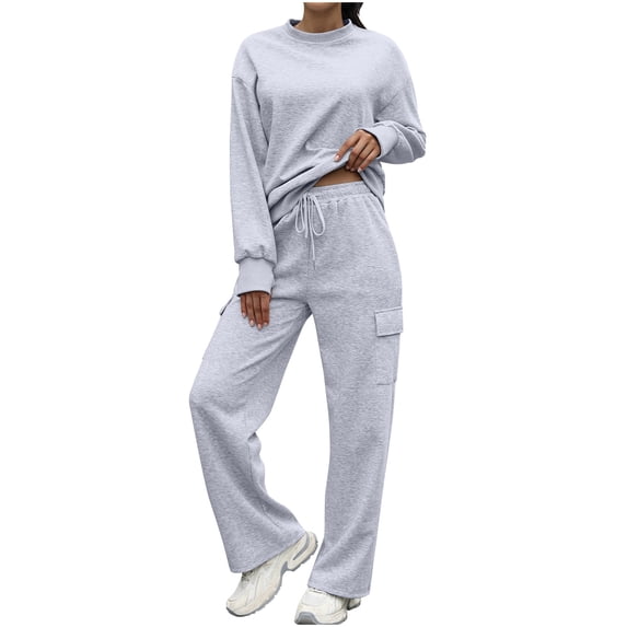 Efsteb Fall Two Piece Sets for Women Long Sleeve Crew Neck Pullover Wide Leg Pants Matching Sweatsuit Set with Pockets (Gray,XL)