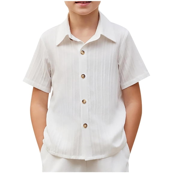Efsteb Fashion Summer Shirts for Boys Lapel Button Short Sleeve Shirt Casual Solid Color Loose Tops (White,5 Years)