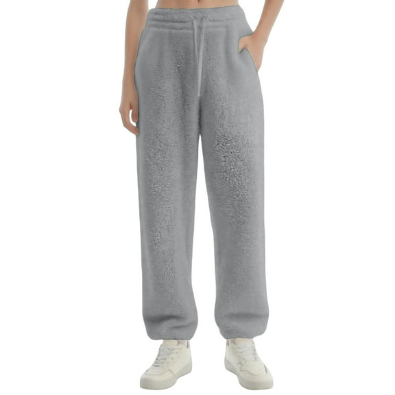 Efsteb Fleece Joggers for Women Comfy Warm Fleece Pajama Long Pants Drawstring Elastic Waist Wide Leg Bottoms Joggers Sweatpants (Gray,L)