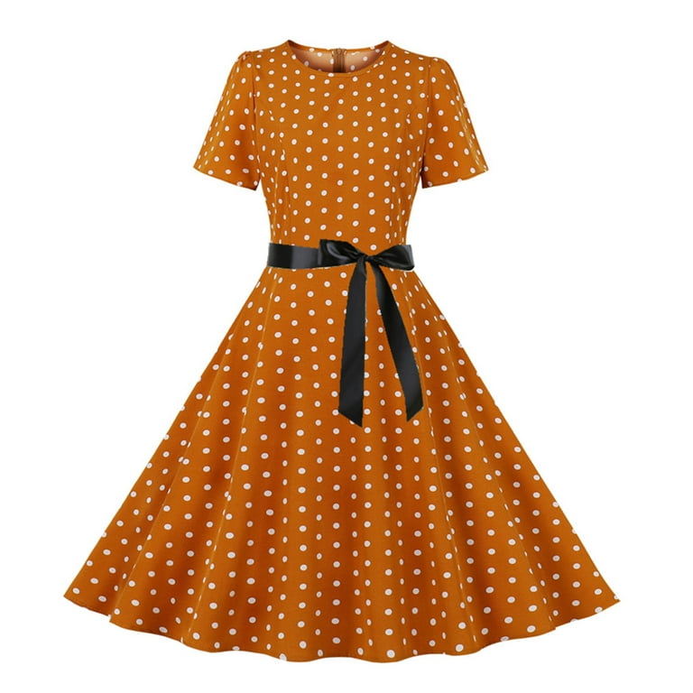 Efsteb Formal Dresses for Women Evening Party Summer Dress Slim Short  Sleeve Dress Casual Polka Dots Print Dresses Round Neck Vintage Swing Dress  Orange S 