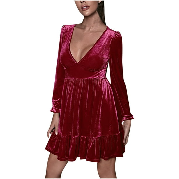 Efsteb Formal Dresses for Women Plus Size Evening Dress V neck Solid Color Formal Comfortable Fall Vintage Golden Velvet Long Sleeve Dresses Short Dress Wine M Walmart Business Supplies