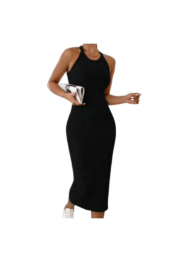 Formal Dresses for Women Solid Color Crew Neck Sleeveless Sweater Dress Halter Ribbed Knit Dress Summer Tank Maxi Dresses Wrap Bodycon Dresses for Daily ,Size:S