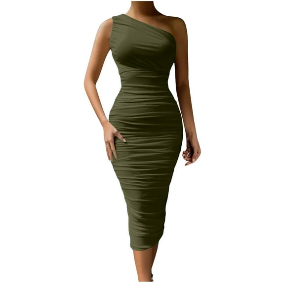 Efsteb Formal Dresses for Women Solid Color Dresses Casual Crew Neck Sleeveless Dress Fashion Ruched One Shoulder Wrap Slim Bodycon Dress Elegant ,Size:M