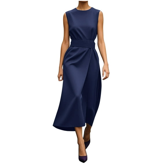 Efsteb Formal Dresses Women's Casual Long Sundress Tie Split Sleeveless Sundresses Elegant Solid Color Round Neck Midi Dress （Dark Blue，L）