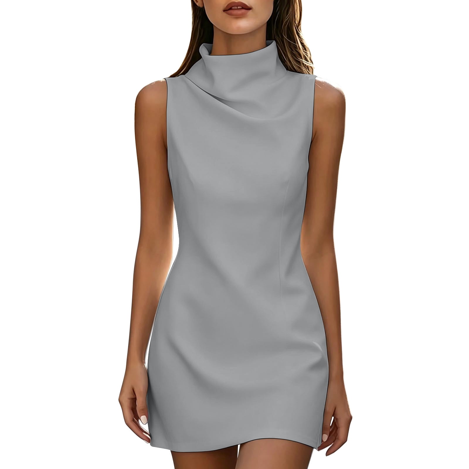 grey cowl neck mini dress Efsteb Formal Dresses for Women Elegant Sleeveless Form-Fitting Casual Stretchy Short Dress for Party & Daily Wear (Gray,L) badge: Credit Returns Only