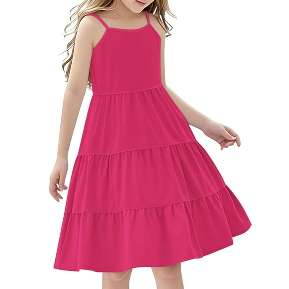 Efsteb Girl Summer Dresses Boho Sleeveless Spaghetti Strap Dress A-Line Swing Flowy Ruffle Tiered Sundress (Hot Pink,4 Years)