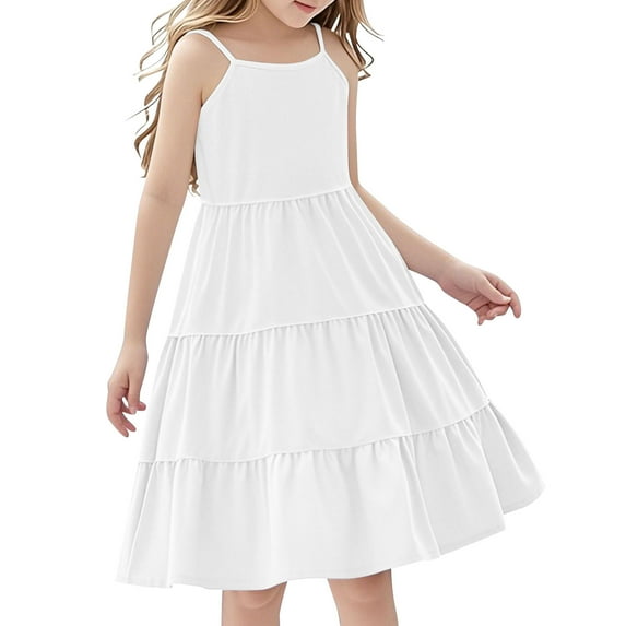 Efsteb Girl Summer Dresses Boho Sleeveless Spaghetti Strap Dress A-Line Swing Flowy Ruffle Tiered Sundress (White,13 Years)