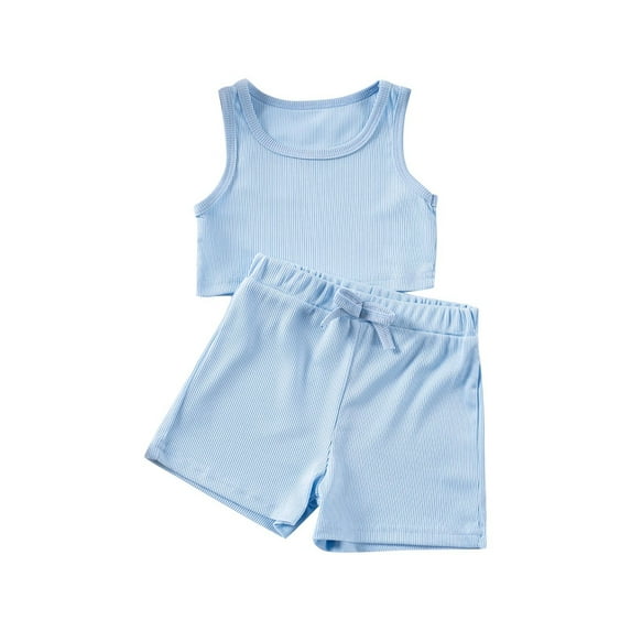 Efsteb Girls' 2 Piece Shorts Sets Solid Color Sleeveless Ribbed Tank Top Elastic Waist Shorts Casual Summer Outfits (Blue,4 Years)