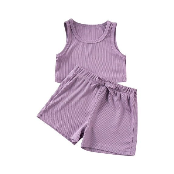 Efsteb Girls' 2 Piece Shorts Sets Solid Color Sleeveless Ribbed Tank Top Elastic Waist Shorts Casual Summer Outfits (Purple,2 Years)