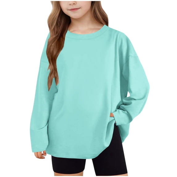Efsteb Girls Athletic Shirts Casual Comfy Loose Tunic Shirts Soft Long Sleeve Solid Color Crew Neck for Holidays(Mint Green,6 Years)