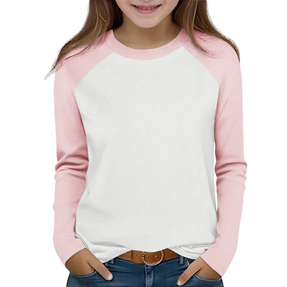 Efsteb Girls Athletic Shirts Comfy Long Sleeve Crew Neck Color Block Print Casual Loose Fit Color Blocking Tshirts Soft for Sports(Pink,8 Years)