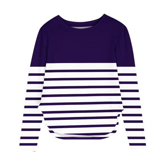 Efsteb Girls Athletic Shirts Hem Side Slit Tops Comfy Lightweight Long Sleeve Crew Neck Striped Print Casual Soft for Parties(Purple,5 Years)