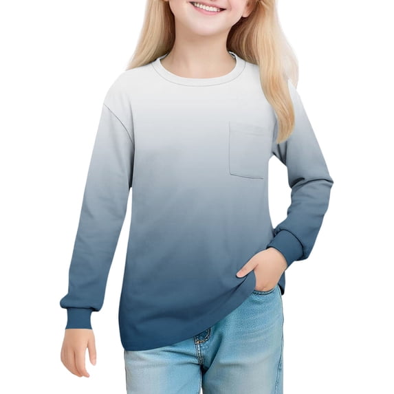 Efsteb Girls Athletic Shirts Long Sleeve Lightweight Crew Neck Casual Comfy Tunic Tshirts Gradient Print for All-Season Styles(Blue,5 Years)