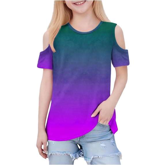 Efsteb Girls Athletic Shirts Short Sleeve Lightweight Crew Neck Comfy Casual Cold Shoulder Tunic Tops Gradient Print for Daily wear(Purple,5 Years)