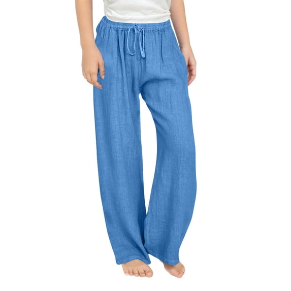 Efsteb Girls Casual Cotton Linen Pants Lightweight Drawstring Elastic Waist Wide Leg Pants Solid Color Loose Long Trousers (Blue,12 Years)