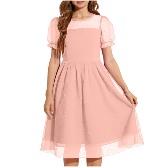 Efsteb Girls Chiffon Dress Fashion Kids Puff Sleeve Casual Midi Dress with Sheer Neckline for Summer (Pink,15-16 Years)