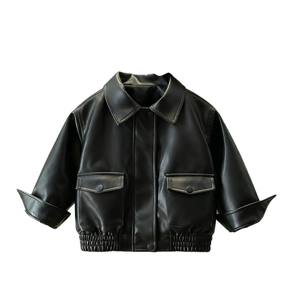 Efsteb Girls Coats Cropped Faux Leather Motorcycle Jacket Button Lapel Vintage Jackets Long Sleeve Coat Kids Outerwear (Black,5 Years)