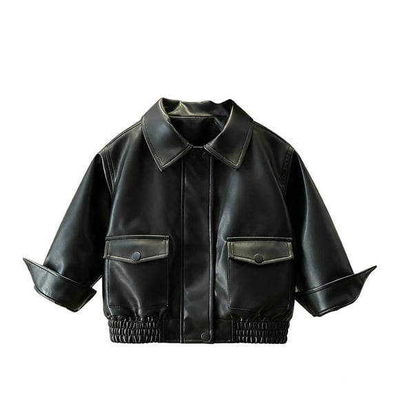 Efsteb Girls Coats Cropped Faux Leather Motorcycle Jacket Button Lapel Vintage Jackets Long Sleeve Coat Kids Outerwear (Black,9 Years)