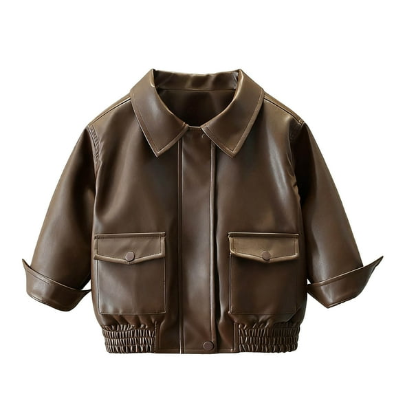 Efsteb Girls Coats Cropped Faux Leather Motorcycle Jacket Button Lapel Vintage Jackets Long Sleeve Coat Kids Outerwear (Khaki,9 Years)