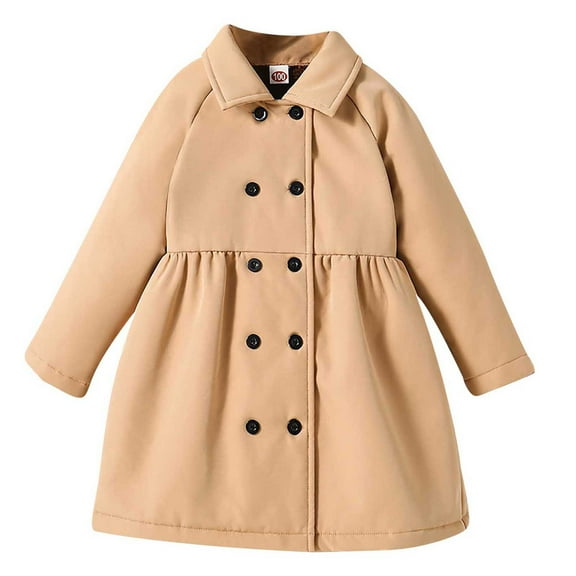 Efsteb Girls Coats Fall Winter Mid-length Peacoat Solid Color Lapel Button Long Sleeve Windbreaker Outerwear (Khaki,5 Years)