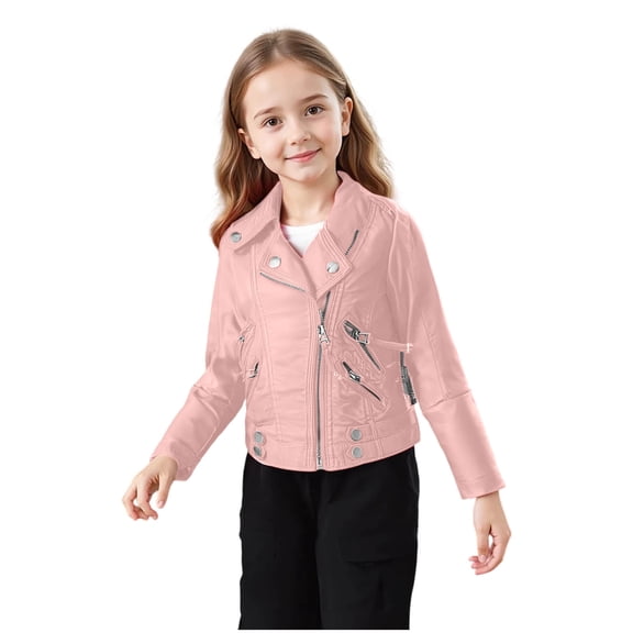 Efsteb Girls Leather Jackets Stand Collar Zip Up Motorcycle Jackets Long Sleeve Button Leather Coats Outerwear (Pink,5 Years)