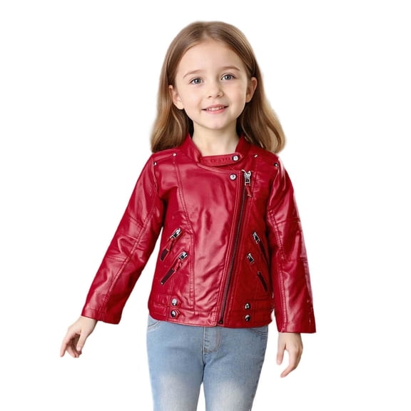 Efsteb Girls Faux Leather Motorcycle Biker Jacket Zipper Stand Collar Leather Coat Warm Jackets Coats Outerwear (Red,13 Years)